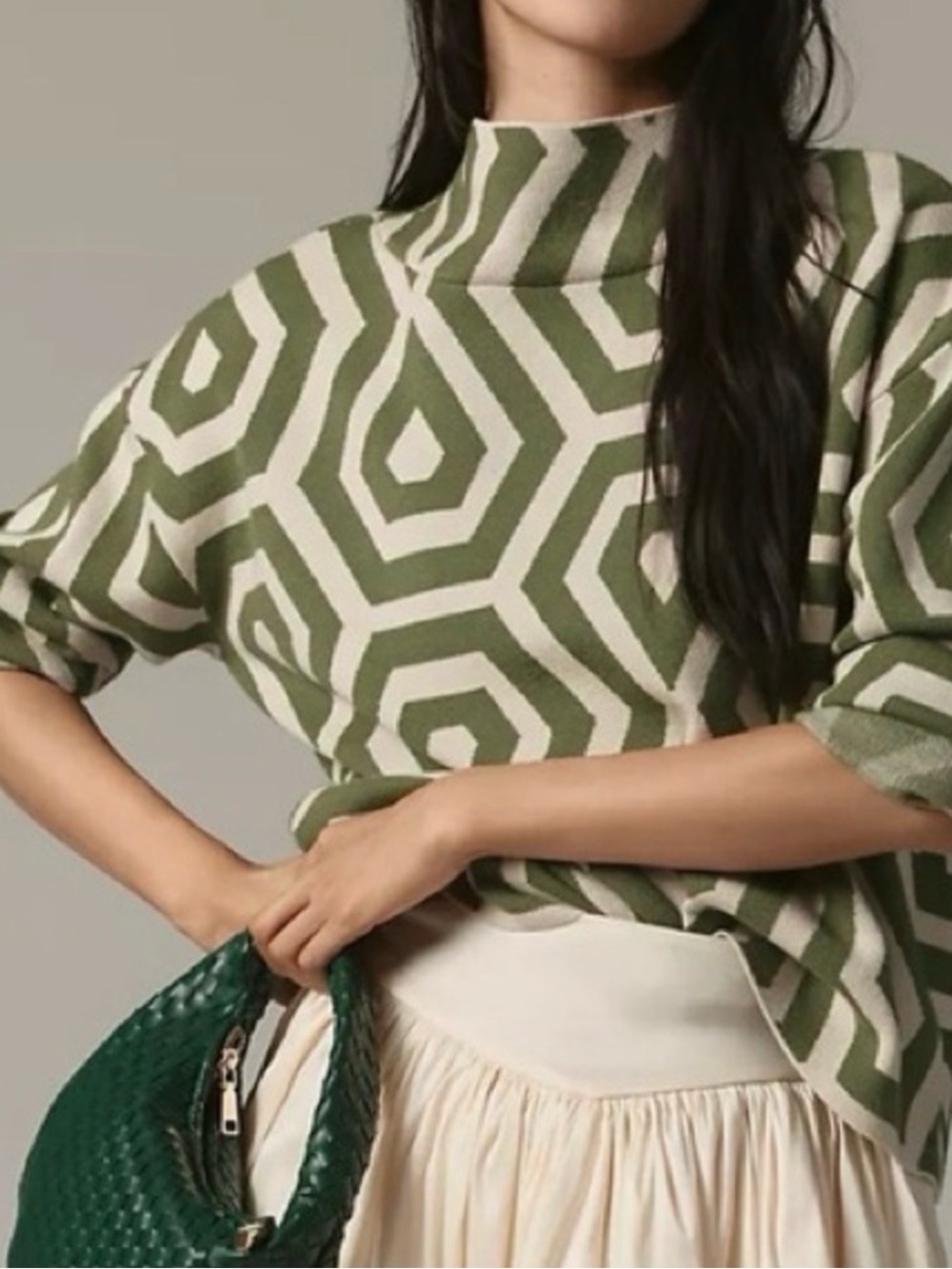 Maeve/Anthropologie Olive & Cream Geometric Mock Neck Sweater